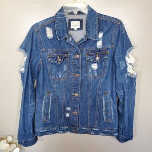 Wax Jean Denim Jacket Womens Size Small Blue Medium Wash Distressed Short Length